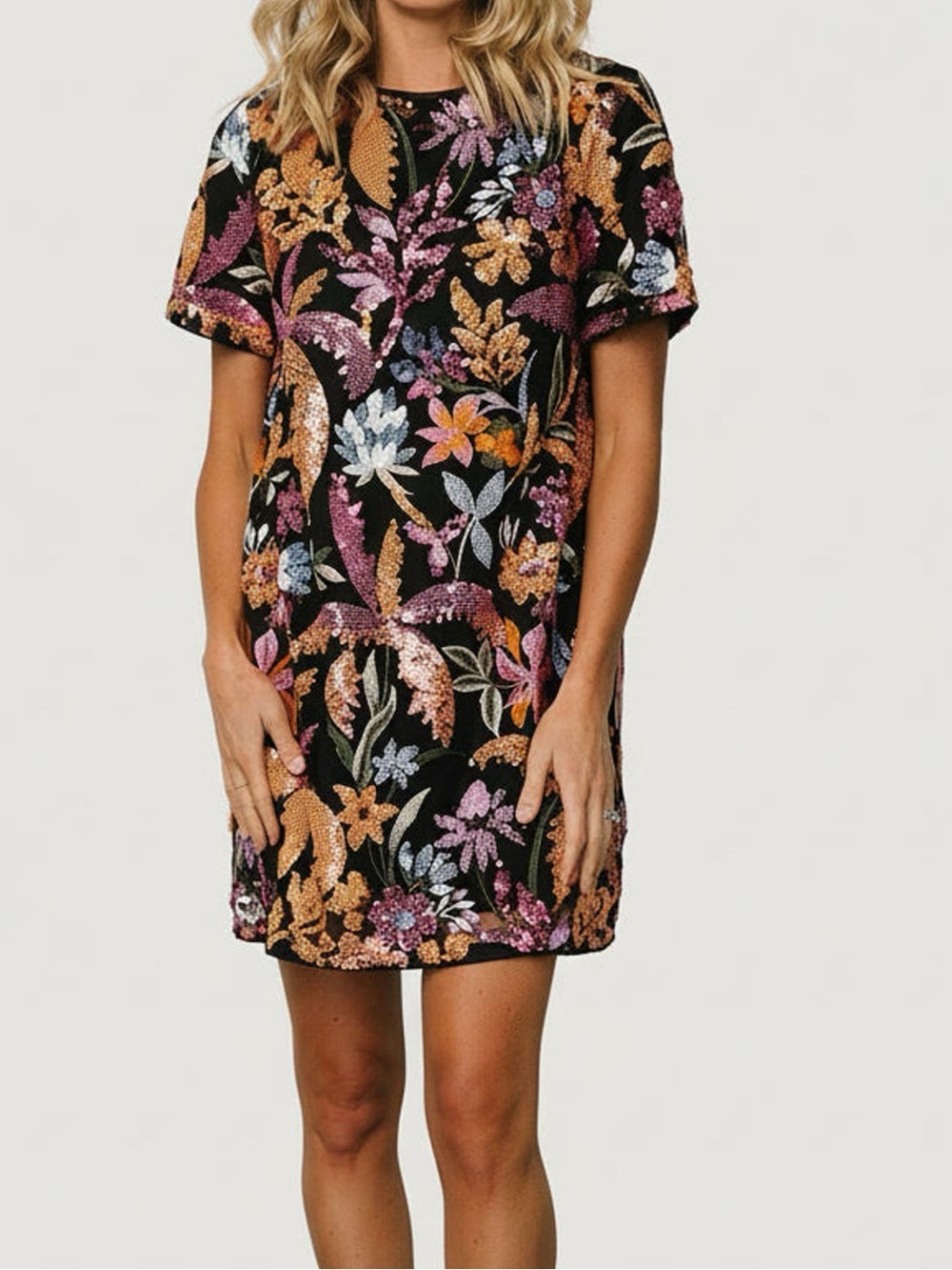 Baltic Born Patricia Sequin Short Dress Black Multicolor Floral Appliqués XL NWT